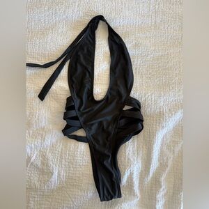 Black Cutout One-Piece Halter Swimsuit